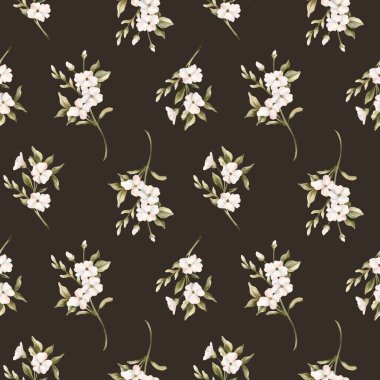 Yaprakları pürüzsüz beyaz küçük çiçekler. Yasemin, portakal, elma çiçeği. Düğün tasarımı için suluboya el resmi. Tekstil kozmetik ambalaj kağıdı.