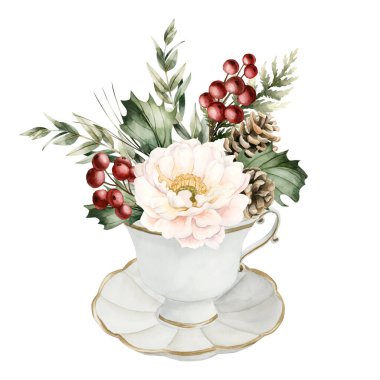 Porselen fincan tabağında çam kozalaklı beyaz şakayık Holly Berry okaliptüsü. Kış anlaşması. Suluboya el, Noel için yeni yıl tasarım kartları için beyazın üzerine izole bir illüstrasyon çizdi.