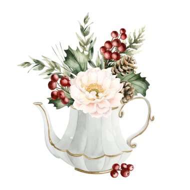 Porselen çaydanlıkta Çam kozalaklı Beyaz Şakayık Holly Berry Okaliptüs. Kış anlaşması. Suluboya el, yeni yıl tasarım kartları için beyazın üzerine izole edilmiş bir illüstrasyon çizdi.