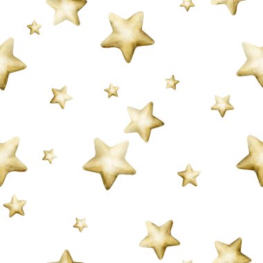 Beyaz arka planda pürüzsüz şirin altın yıldızlar. Bebek bakıcılığı tekstil çocukları için suluboya el çizimi Müslüman bayramı Ramazan ayı tasarımı ambalaj kağıdı.