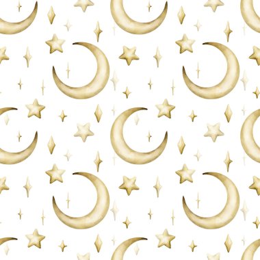 Sevimli altın hilal yıldızları pırıl pırıl parıldıyor. Suluboya el, Müslüman bayram Ramazan tasarımı için beyaz arka planda izole edilmiş bir resim çizdi. Bayram Mübarek bebek yuvası çocukları için.