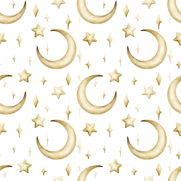 Cute golden crescent moon stars sparkle twinkles seamless pattern. Watercolor hand drawn isolated illustration on white background for Muslim holiday Ramadan design Eid Mubarak baby nursery kids
