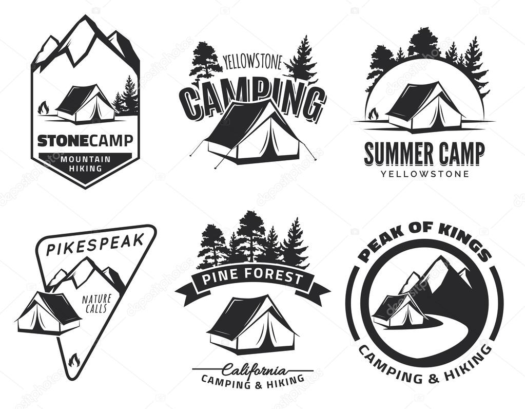 Set of vintage camping and outdoor adventure emblems, logos and badges. Tent in forest or mountains. Camping equipment. Vector.