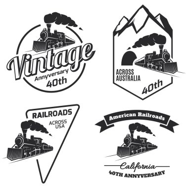 Retro tren logosu, amblemler ve simgeler beyaz bac izole seti