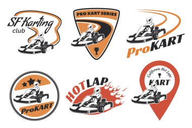 Kart yarışı amblemleri, logosu ve simgeleri seti.