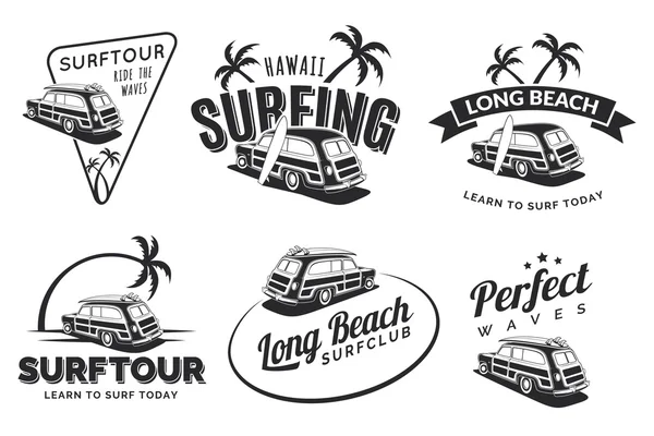 Ensemble d'étiquettes, d'insignes et d'emblèmes de voitures de surf vintage . — Image vectorielle
