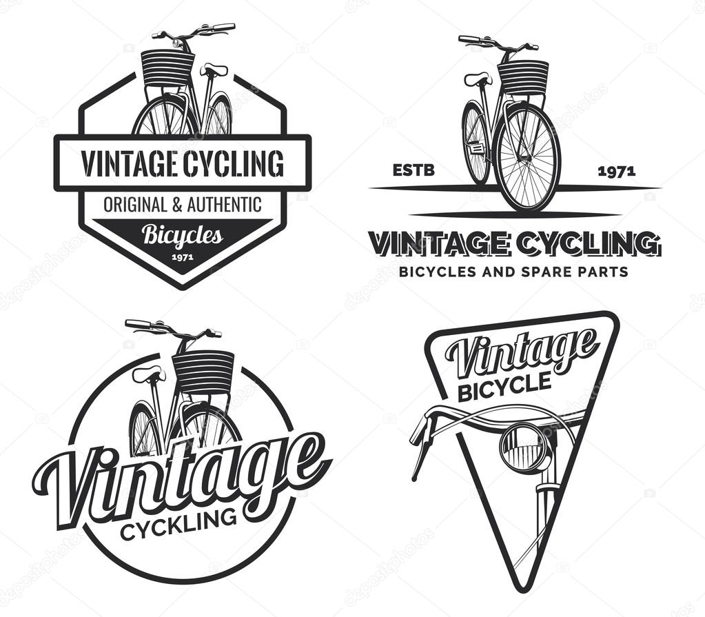 Set of vintage road bicycle labels, emblems, badges or logos isolated on white background. Handcrafted bicycle repair, service and classic bicycle club design elements. Isolated vintage bicycle side view. Vector.