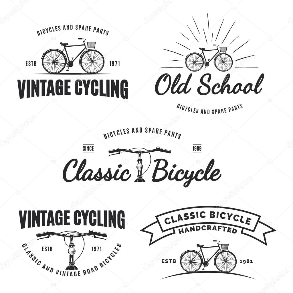 Set of vintage road bicycle labels, emblems, badges or logos isolated on white background. Handcrafted bicycle repair, service and classic bicycle club design elements. Isolated vintage bicycle side view. Vector.