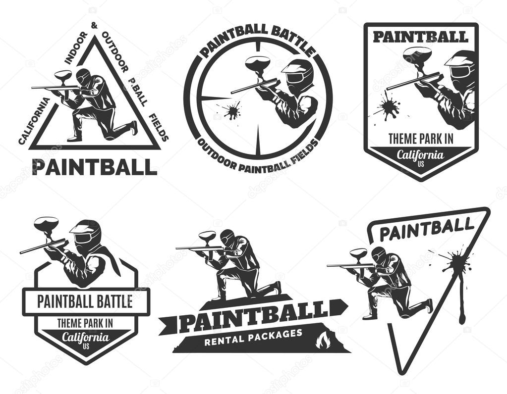 Set of monochrome paintball logos, emblems and icons. Indoor and outdoor paintball club elements. Man with gun and musk. Paintball rental equipment.