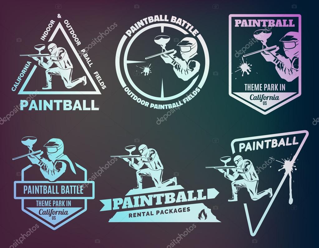 Set of monochrome paintball logos, emblems and icons. Indoor and outdoor paintball club elements. Man with gun and musk. Paintball rental equipment.
