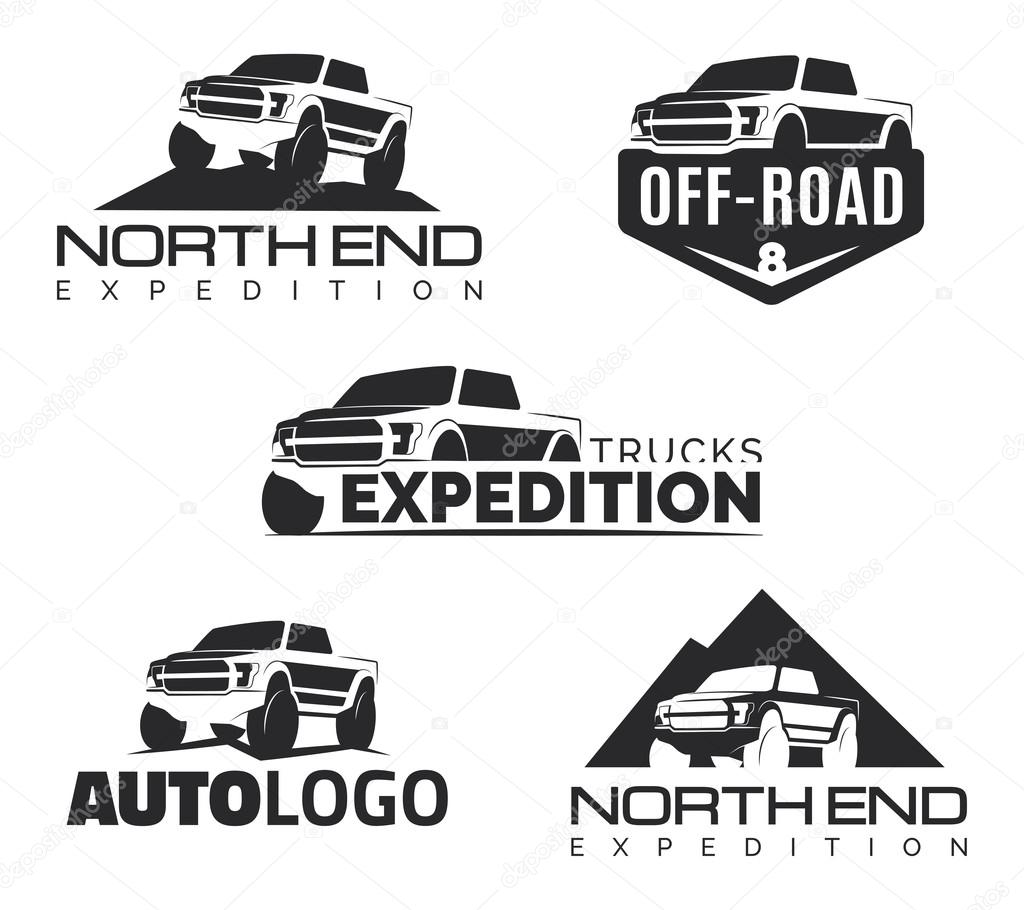Set of modern suv pickup emblems, icons and logos. Offroad  pickup design elements, 4x4 vehicle illustration. Suv car logo template.