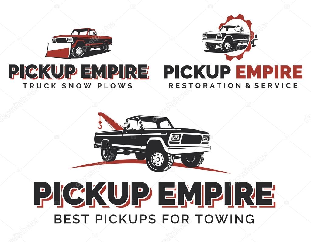 Set of retro pickup trucks logos, emblems and icons. Car service logotype design. Tow and wrecker truck. Pickup with snow plow.