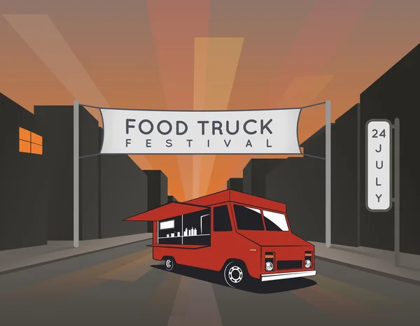Cartel del festival Food Truck. Ilustración urbana, comida callejera . — Archivo Imágenes Vectoriales
