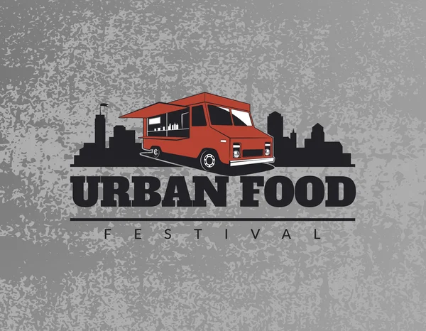 Food truck embleem op grunge grijze achtergrond. — Stockvector