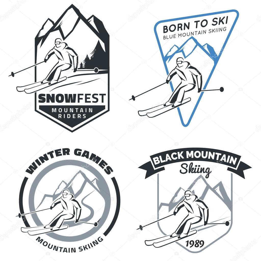 Set of winter mountain ski emblems, badges and icons.