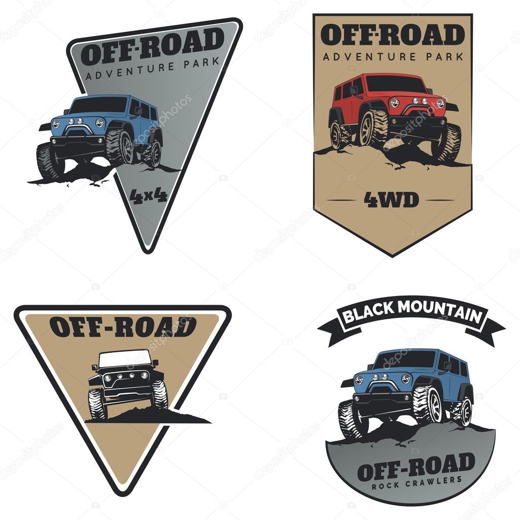 Set of classic off-road suv car emblems, badges and icons. Rock crawler car, off-road suv adventure and car club design elements. Isolated suv front and side view.