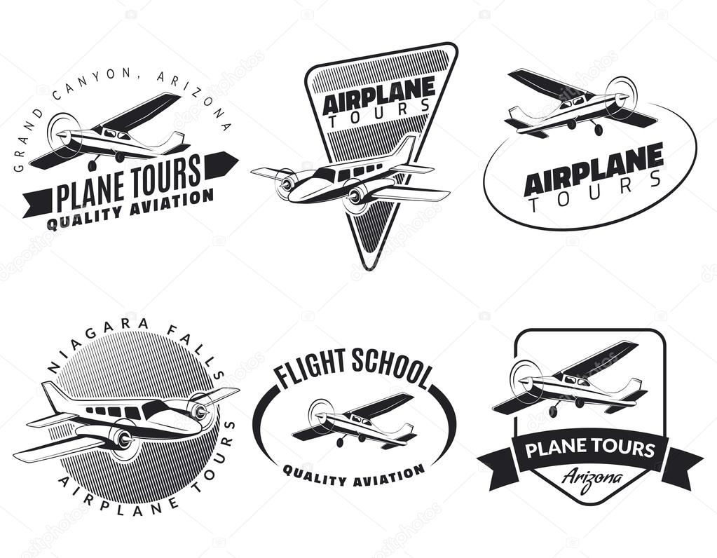 Set of vintage airplane emblems, badges and icons.Airplane tours, flight school and plane design elements. Isolated lite airplane side view.