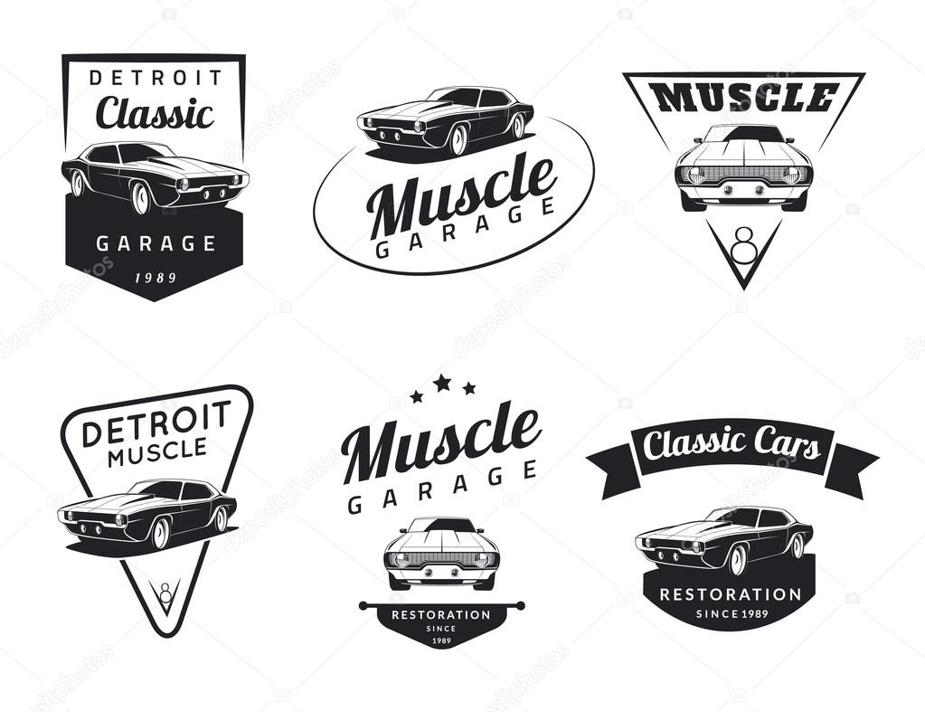 Set of classic muscle car emblems, badges and icons. Service car repair and restoration design elements