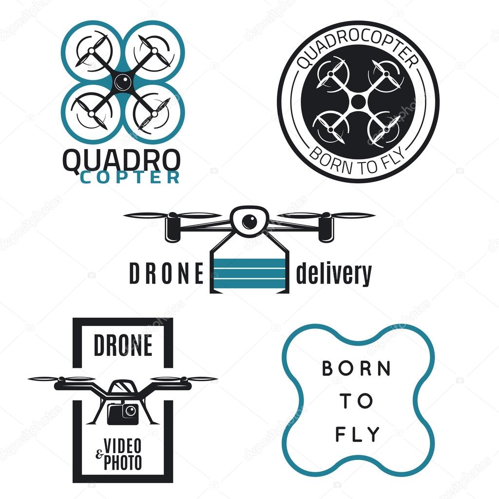 Vector set of drone labels, badges and design elements. Quadrocopter flying camera, flight clubs and delivery.