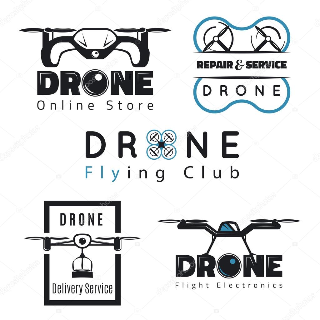 Vector set of drone labels, badges and design elements. Quadrocopter online store, repair & service and delivery service.