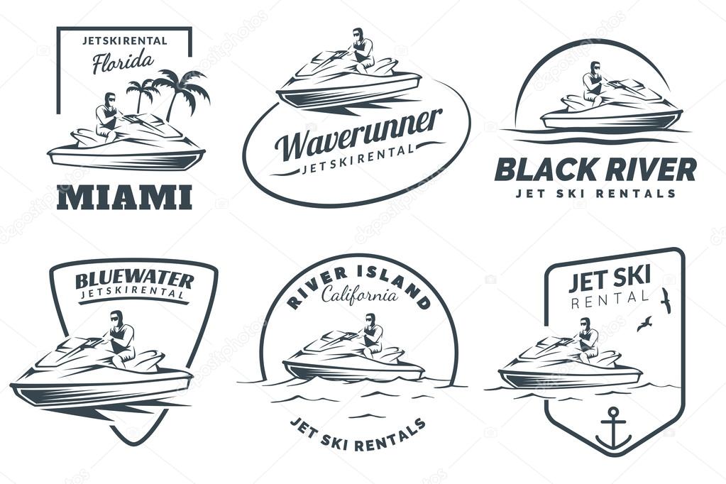 Set of Jet Ski rental logo, badges and emblems isolated on white background. Water scooter with man.