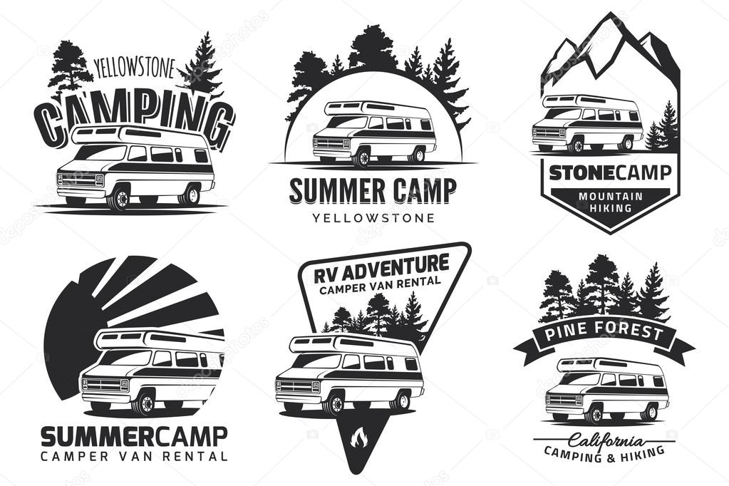 Set of monochrome camper van car logo, emblems and badges isolated on white background. Recreational vehicle and camping design elements.