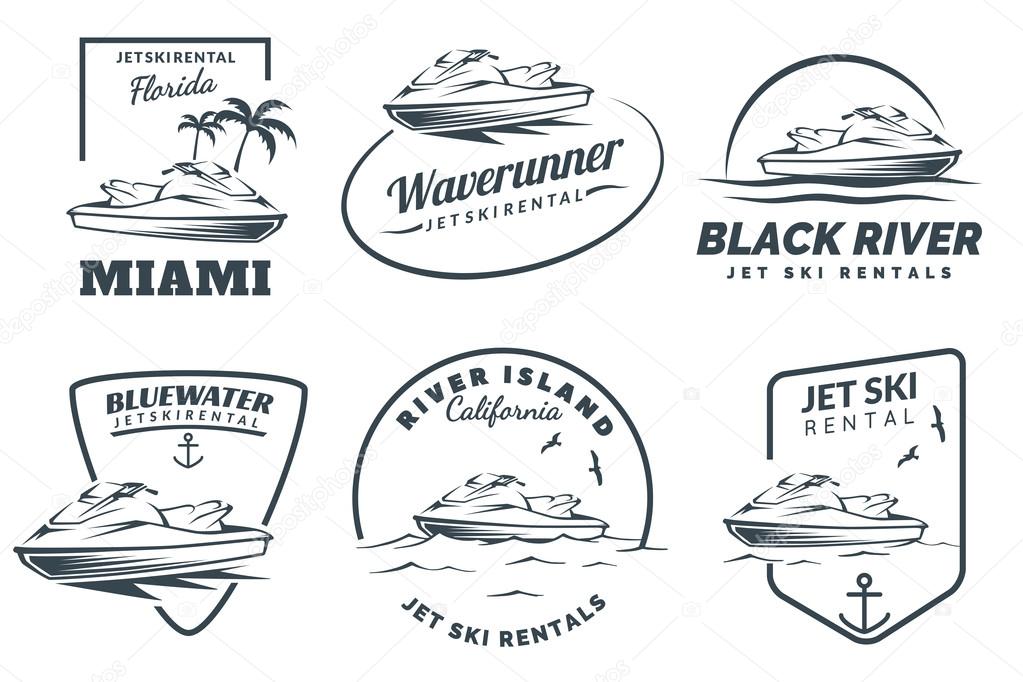 Set of Jet Ski rental logo, badges and emblems isolated on white background.