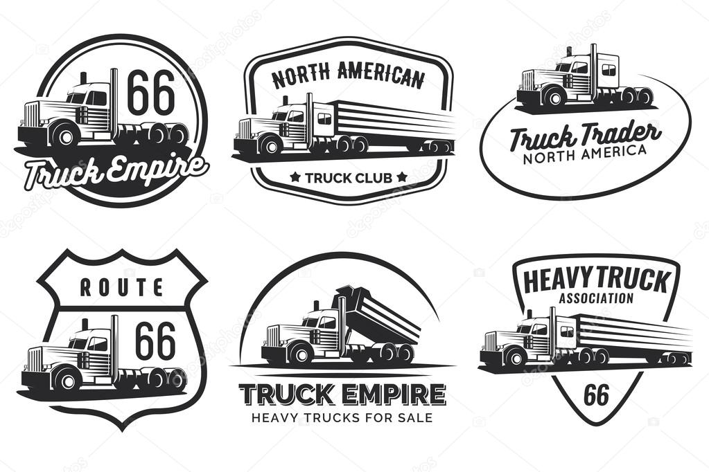 Set of classic heavy truck logo, emblems and badges. Truck with trailer and tip truck. Vector illustration.