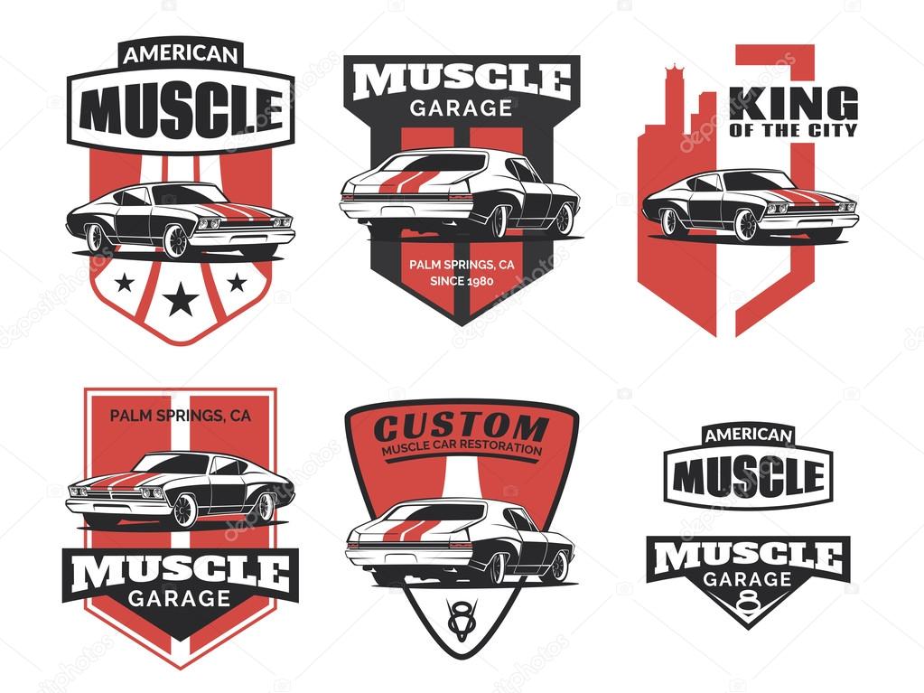 Set of classic muscle car logo, emblems, badges and icons isolated on white background. Service car repair, restoration and car club design elements. Vector.