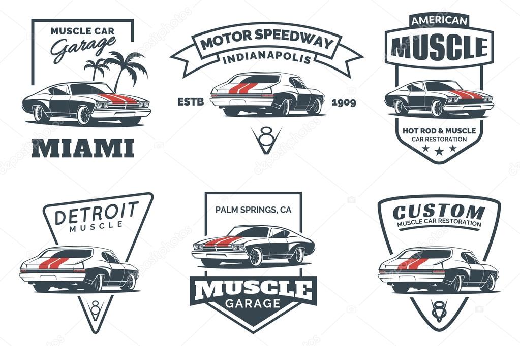 Set of classic muscle car logo, emblems, badges and icons isolated on white background. Service car repair, car restoration and car club design elements. Vector.