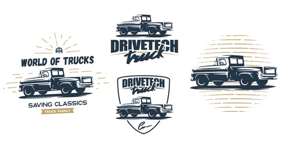 Placas Vector Estilo Vintage Una Camioneta Granja Vieja Escuela Ilustración — Archivo Imágenes Vectoriales