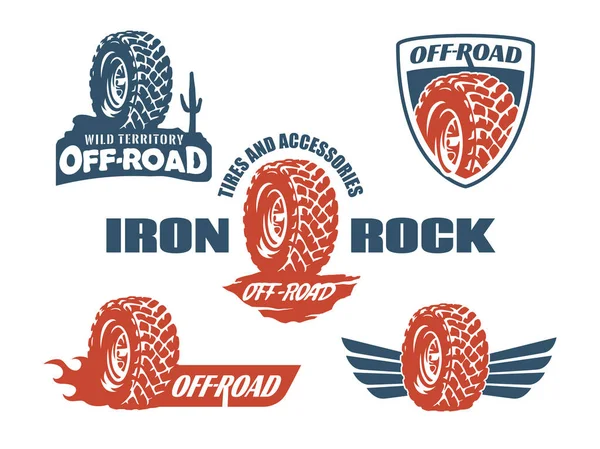 Zestaw Emblematów Plakietek Logo Serwisu Opon Terenowych — Wektor stockowy