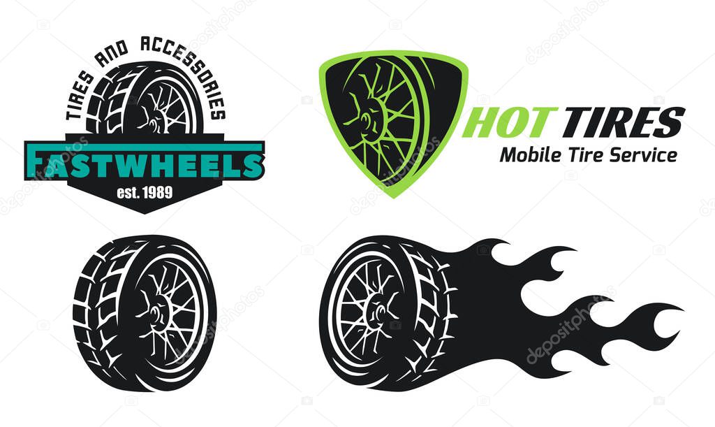 Set of tire shop logo design. Mobile tire repair badges. Logo for tyre storage company.