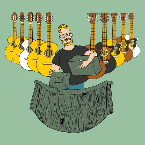 Jeune homme vend des guitares — Image vectorielle
