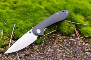 Bir açıyla yosun üzerinde bıçak. Bıçak eğimli bir pozisyonda. Ön görünüm.