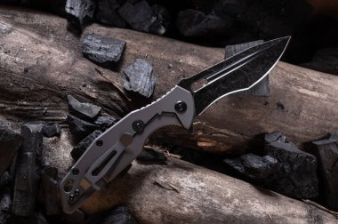 Bıçağın ters tarafı. Taşımak için şarjörü olan bir bıçak. Kütüğün üzerinde bir ordu bıçağı. Üst.