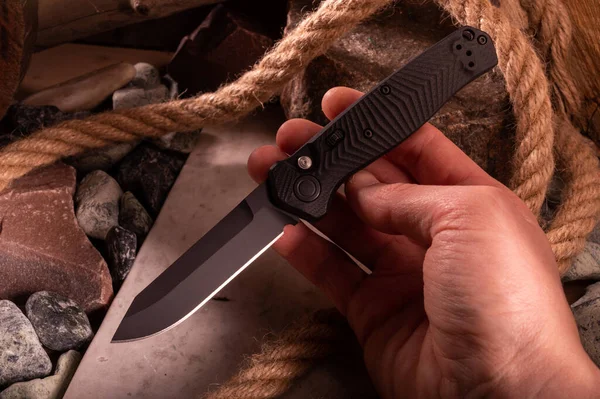 Navaja Negra Mano Cuchillo Plegable Automático Parte Superior — Foto de Stock