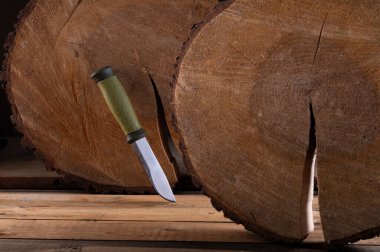 Yeşil saplı ve sabit bıçaklı bir bıçak. Bıçak ve yuvarlak tahta kütükler. Ön görünüm.