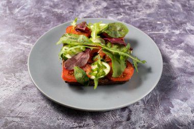 Sebzeli vejetaryen sandviç. Tabakta sebzeli sandviç. Tabakta kare sandviç. Bir açıyla kenar görünümü.