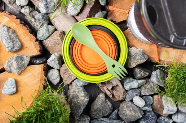 Foldable soft travel tableware. Spoon fork and utensils. — Stockfoto