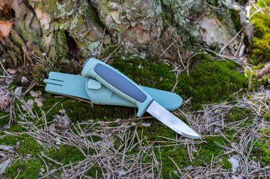 Bıçak ve plastik kılıf. Yeşil yosun üzerinde İskandinav bıçağı. Keskin turist bıçağı. Vurgulu bir bıçak. Gün ışığı.