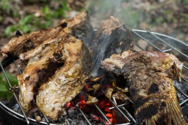 Pişirme balık ızgara biftek. Loş, kömür, kül.