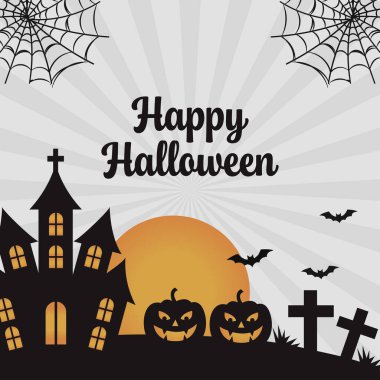 Siluetli Ev, Mezar Taşları, Jack O Lantern, Örümcek Ağı, Ay, Yarasa ve Yıldız patlaması Vektör İllüstrasyonuyla Cadılar Bayramı 'nız kutlu olsun..