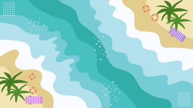 Beach Flat Illustration Banner Background with Abstract Waves, Palm Tree, Lifebuoy, and Sand Texture. Vector illustration