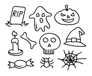 Simple collection of black and white hand-drawn doodle icons for Halloween. The set includes a gravestone, ghost, pumpkin, skull, witch hat, bone, candle, spider, and candy