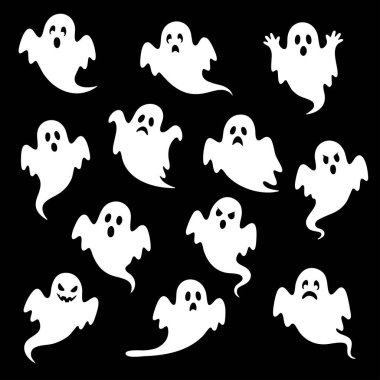 Hayalet Şirin Koleksiyonu Cadılar Bayramı Komik ve Ürkütücü Yüzler siyah arka planda izole edilmiş. Vektör İllüzyonu