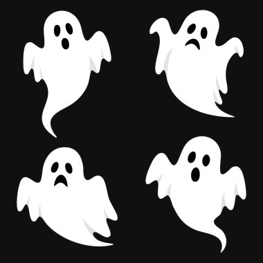 Cadılar Bayramı Karakteri Şirin Hayalet Çizgi Filmi Maskot Düz Koleksiyonu. Vektör İllüzyonu.