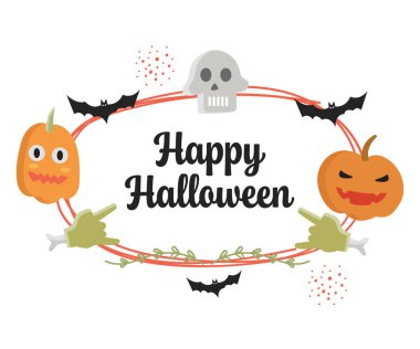 Oval Çerçeve, Balkabağı, Kafatası ve Zombi Eller 'le Cadılar Bayramı tebrik kartı çiziminiz kutlu olsun. Vektör İllüstrasyonu