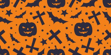 Cross, Star, Bat ve Jack O Lantern 'in oynadığı kusursuz bir Cadılar Bayramı silueti. Vektör İllüstrasyonu