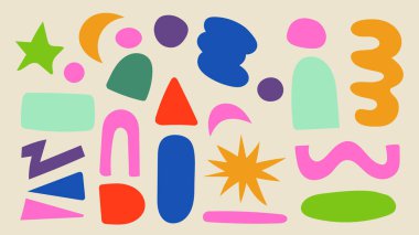 Elementler El Çizimi Düz Retro Şekiller Koleksiyon Renkli Boho Doodle Tasarımı. Vektör İllüstrasyonu